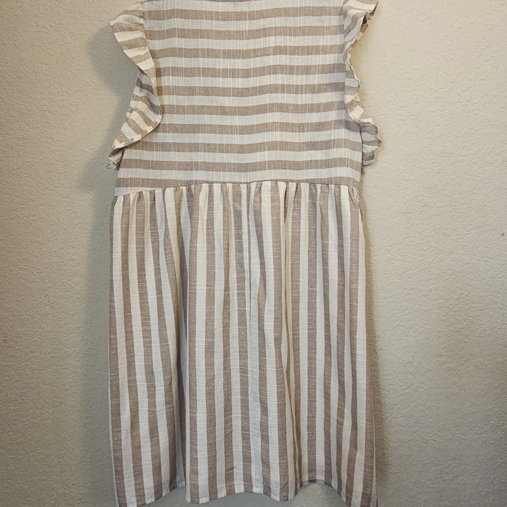 Andree By Unit Taupe Babydoll Mini Dress Womens 1X Beige Cream Stripe Lined - Picture 2 of 7